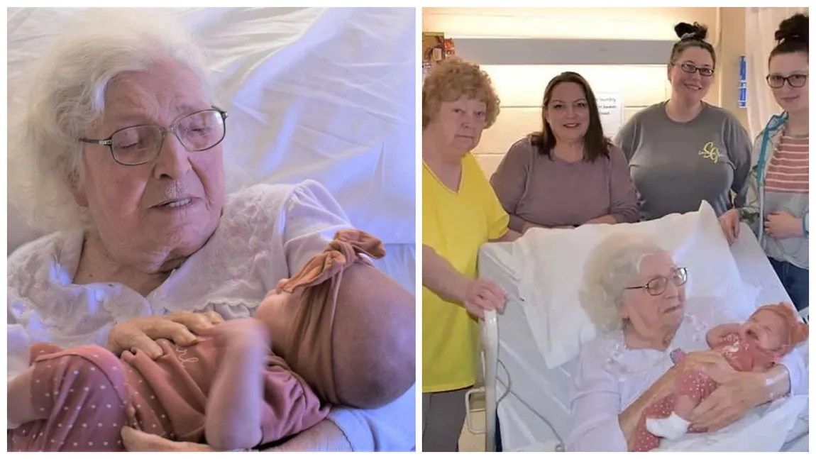 Fotografia care te va emoționa până la lacrimi. O femeie în vârstă de 98 de ani a fost surprinsă în timp ce își ține în brațe stră-stră-strănepoata