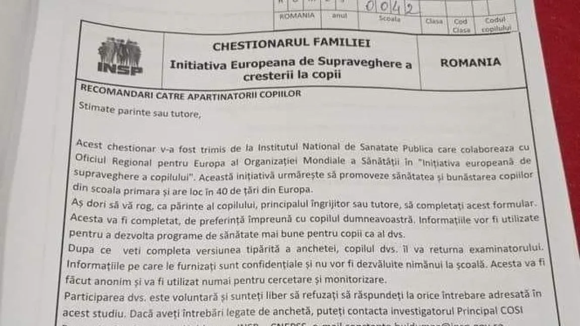 Un chestionar sanitar distribuit de INSP în școli folosit pentru a speria părinții că statul vrea să le fure copiii