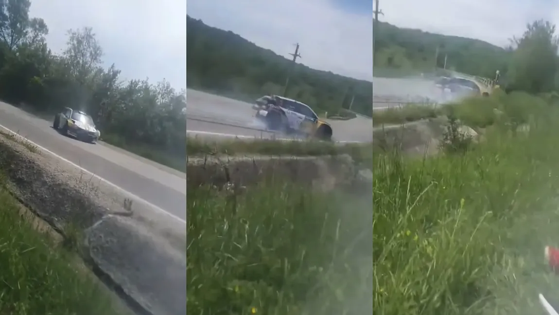 VIDEO Accident teribil la Raliul Argeșului. Unul dintre piloți a pierdut controlul volanului și s-a răsturnat în afara traseului