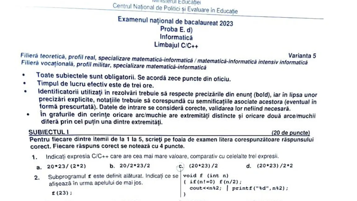 Subiecte la Informatică la Bacalaureat 2023