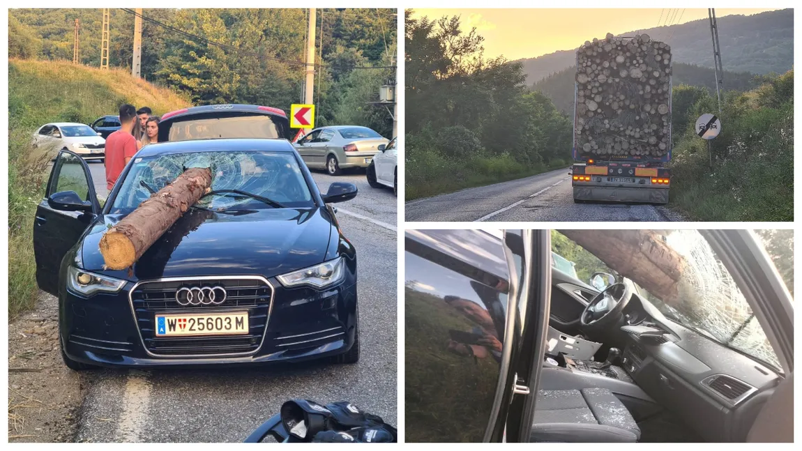Un buștean a căzut dintr-un TIR și s-a înfipt în parbrizul unui Audi cu numere de Austria, la Brașov. În autoturism se aflau patru români veniți în vacanță