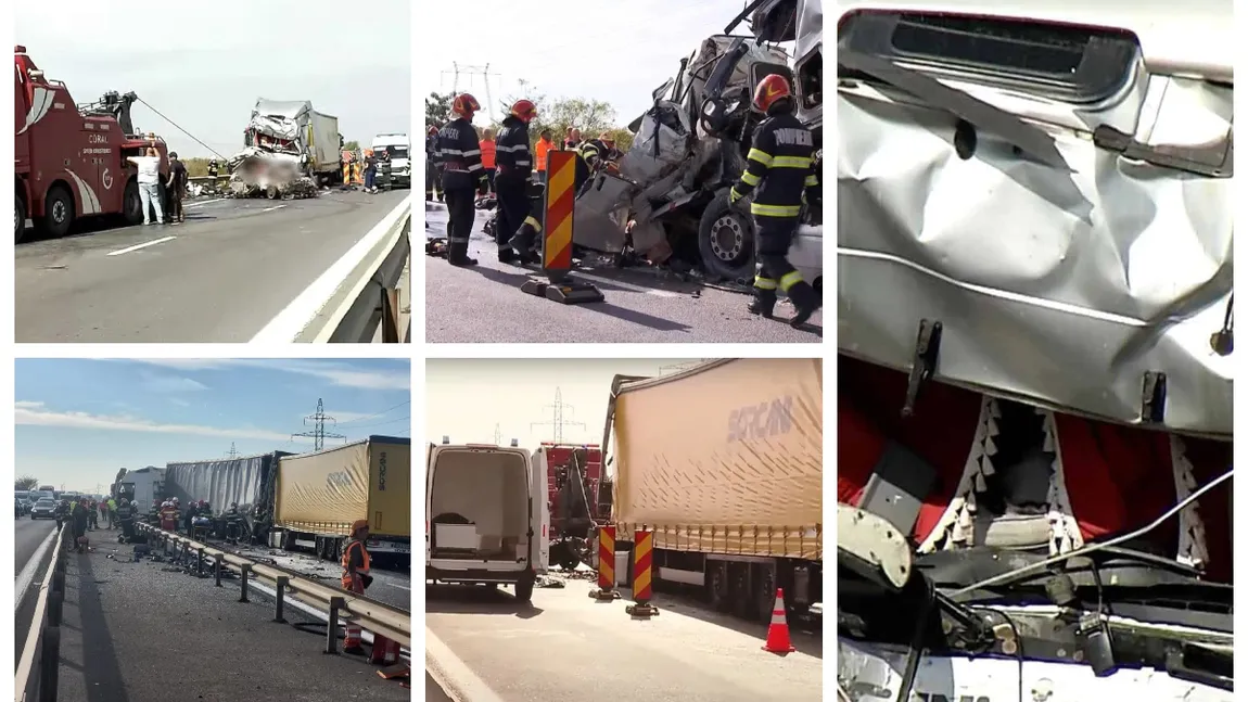 Accidentul de pe A1, în care cinci muncitori au murit în microbuzul strivit între două TIR-uri, a fost filmat VIDEO