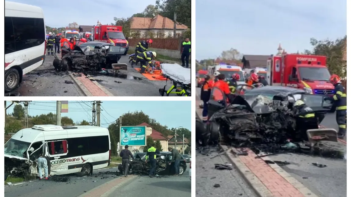 Plan roșu de intervenție în Cluj după un accident în care au fost implicate o mașină și un microbuz. Autoturismul s-a transformat într-un morman de fiare