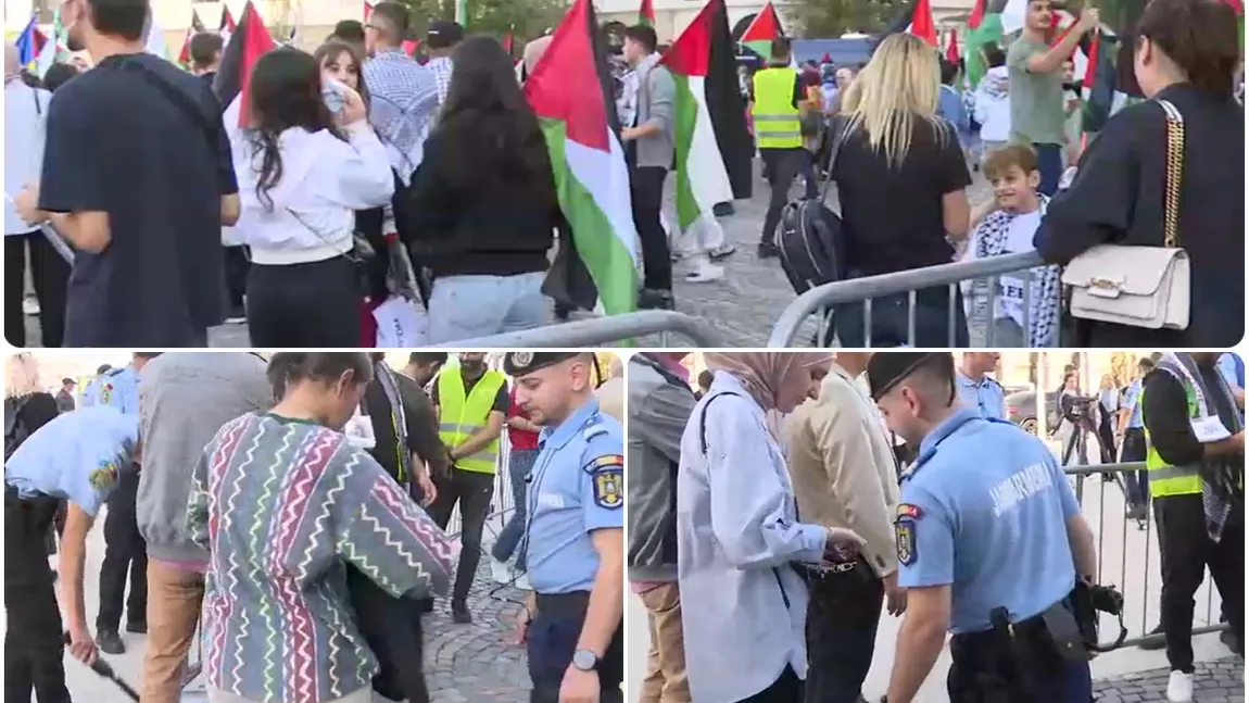 Un nou protest pro-Palestina, la București. Măsuri fără precedent: lucrătorii de la Intervenţii Speciale percheziţionează protestatarii, verifică maşinile şi coşurile de gunoi