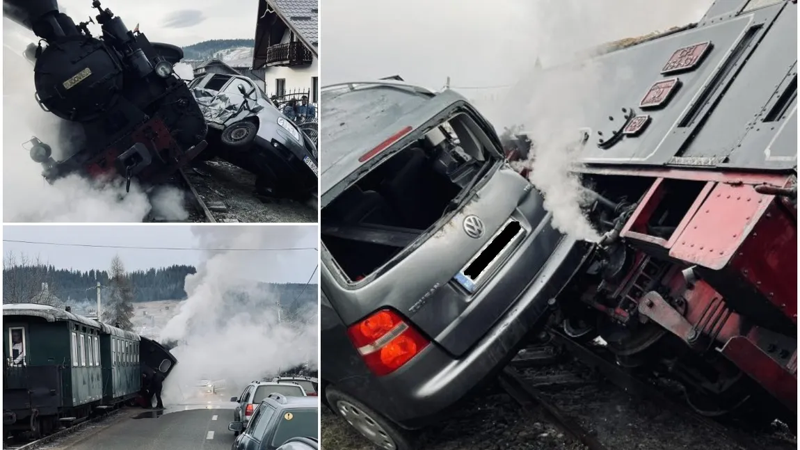 Mocănița Moldovița, răsturnată de pe şine după impactul cu o mașină! 20 de pasageri se aflau în tren