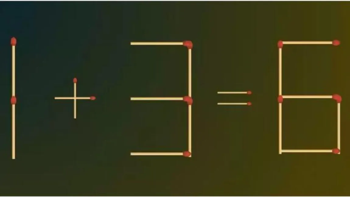 Test de inteligență cu chibrituri. Mută un singur băț pentru a corecta ecuația 1+3=6. Ai doar 10 secunde la dispoziție