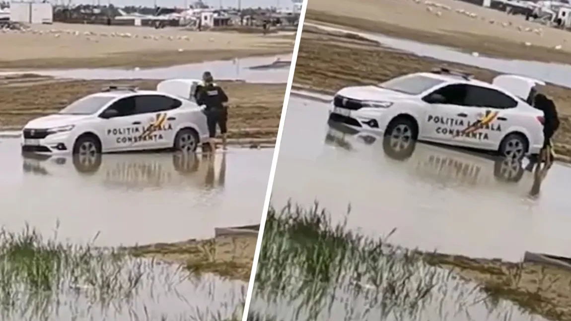 Imagini virale pe Litoral! Mașină a Poliției Locale, împotmolită pe plajă. VIDEO