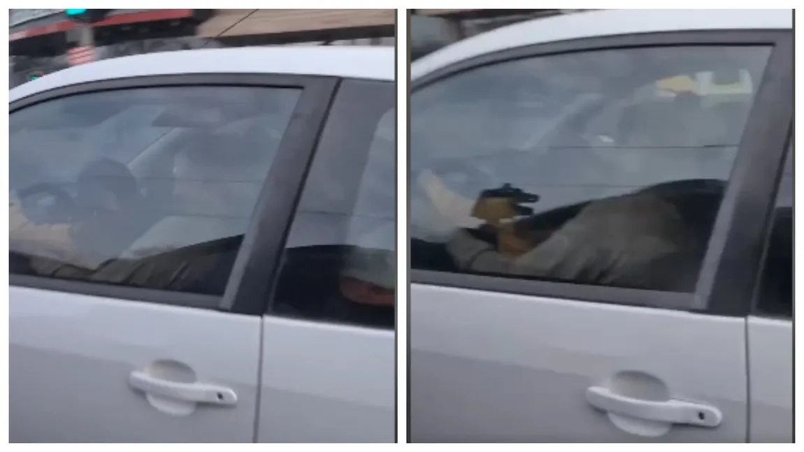 Inconștiență la volan! O șoferiță începătoare conduce în timp ce ține un copil în brațe. VIDEO