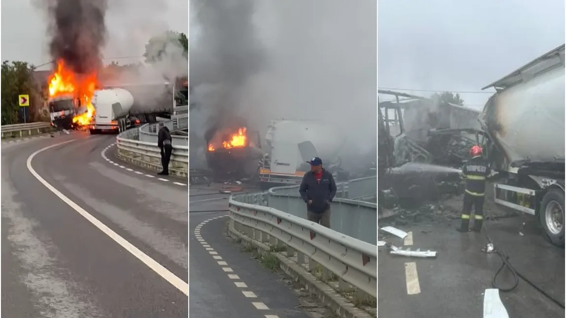 Un camion şi o cisternă s-au ciocnit, în Bihor. Ambele autovehicule au luat foc VIDEO
