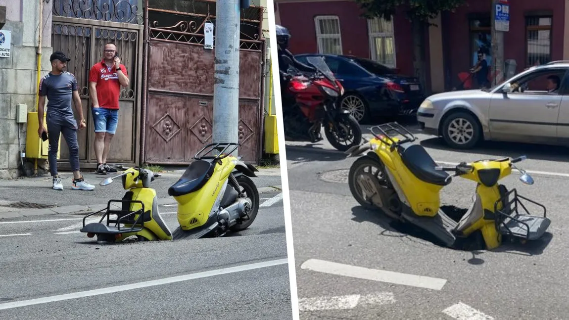 Scuter înghițit de asfalt pe o stradă din Cluj. Un livrator de mâncare a căzut la pământ din cauza unei gropi nesemnalizate