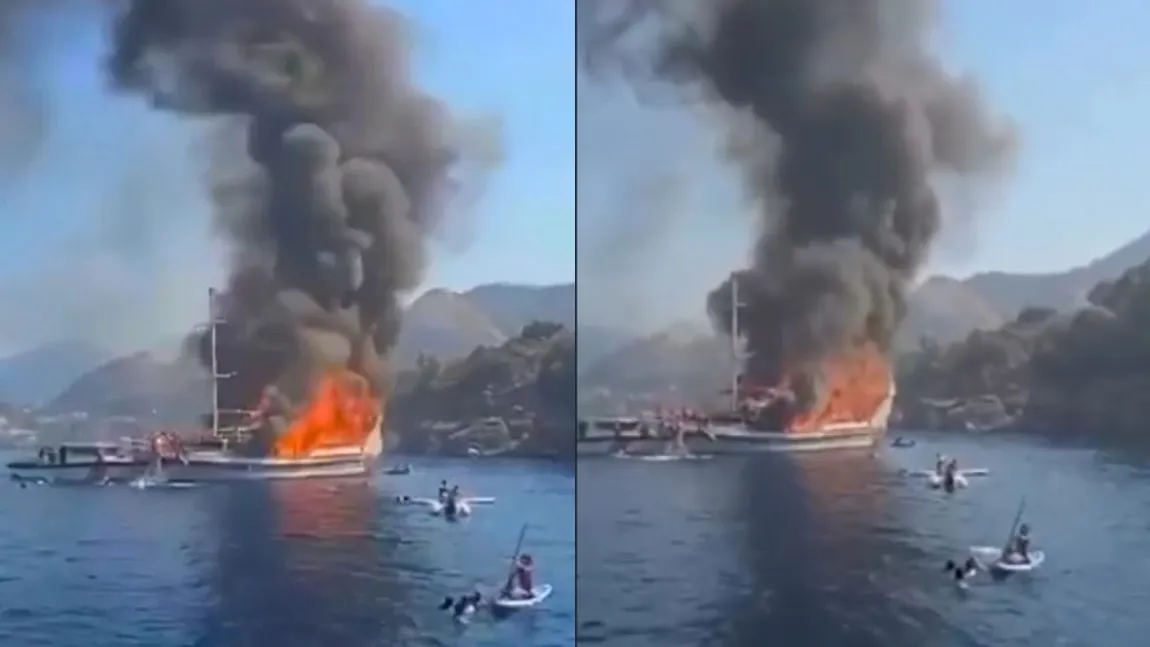Imagini șocante! Un iaht cu 110 turiști a luat foc în Turcia. Oamenii au fost îngroziți și au sărit în apă
