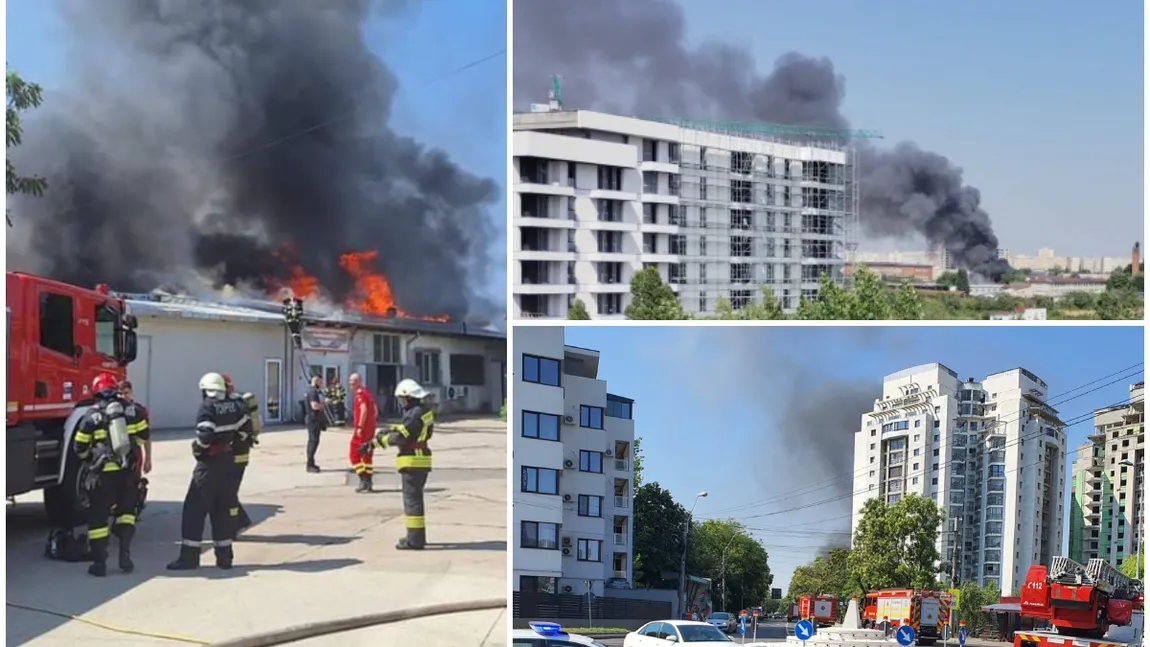 Incendiu violent, cu flacără puternică și degajări mari de fum, la un service auto din București. Au fost alertate 8 autospeciale