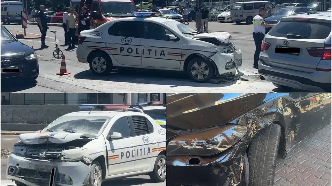 Maşină de poliție în care se aflau deținuți, lovită de un BMW condus de o șoferință de 19 ani. Loganul poliţiei a luat foc