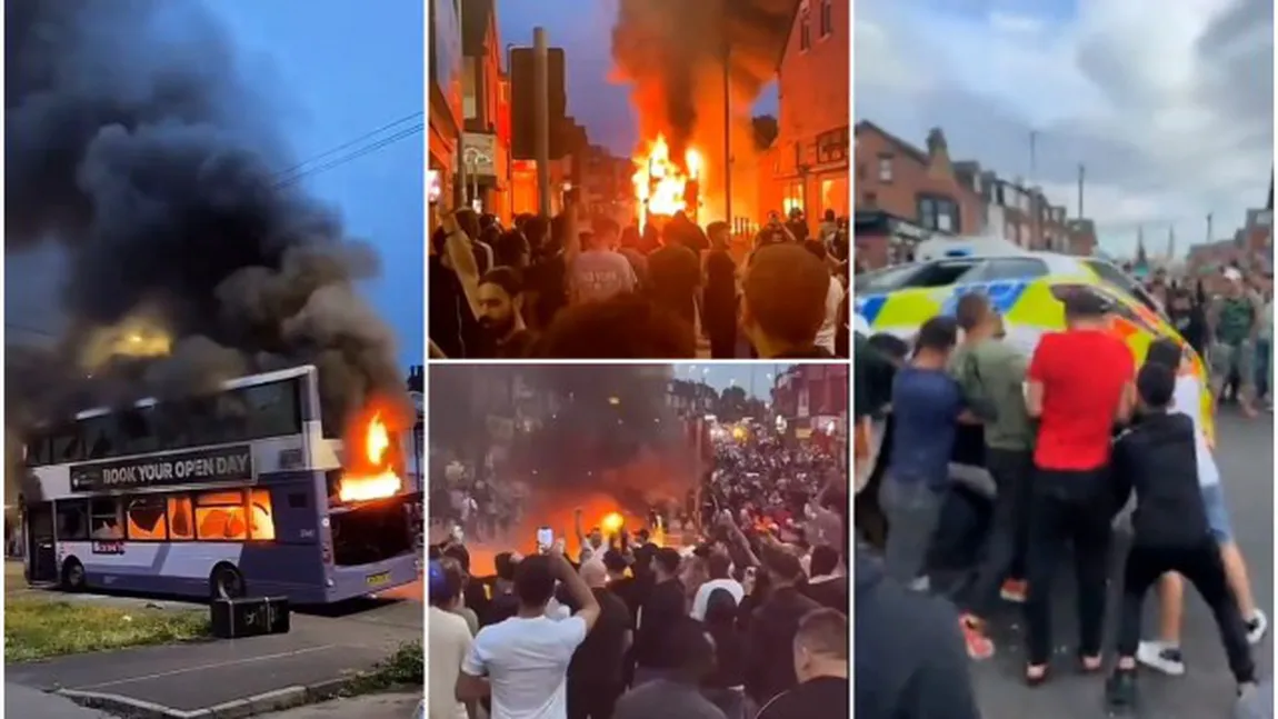 Revoltă uriașă în Leeds. Scandalagiii, printre care și mai mulți români, au răsturnat o mașină a poliției și au incendiat un autobuz