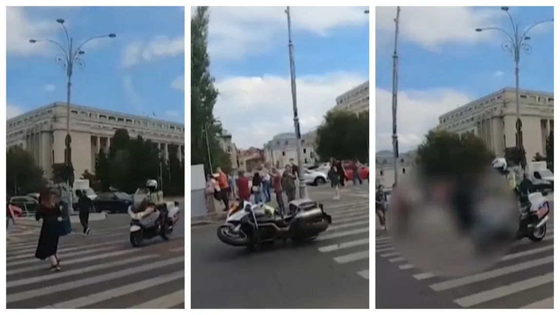 Accident șocant în Piața Victoriei. Polițist pe motocicletă lovește un pieton aflat pe trecere