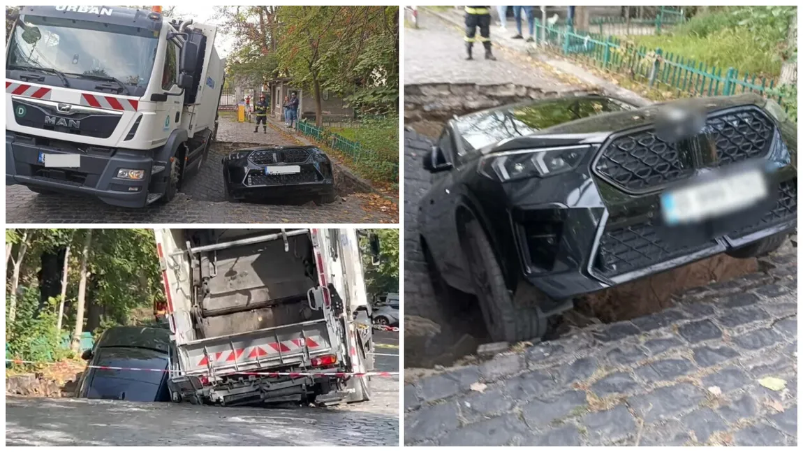 BMW „îngropat” după ce o stradă din Sectorul 6 s-a surpat. În mașină se aflau o femeie și un copil în vârstă de cinci ani