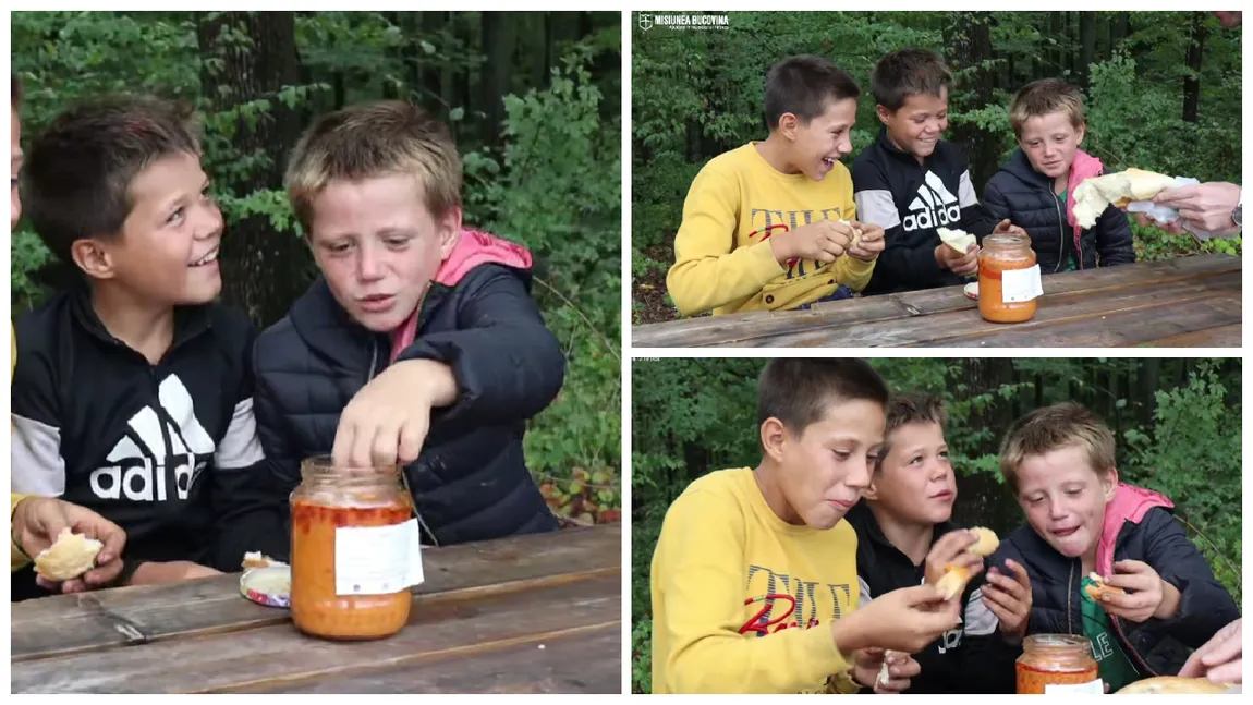 VIDEO Imagini emoționate! Cei trei frățiori pentru care o lingură de zacuscă reprezintă un lux. Copiii nu mai mâncaseră niciodată tocană: „Ce e aia?”