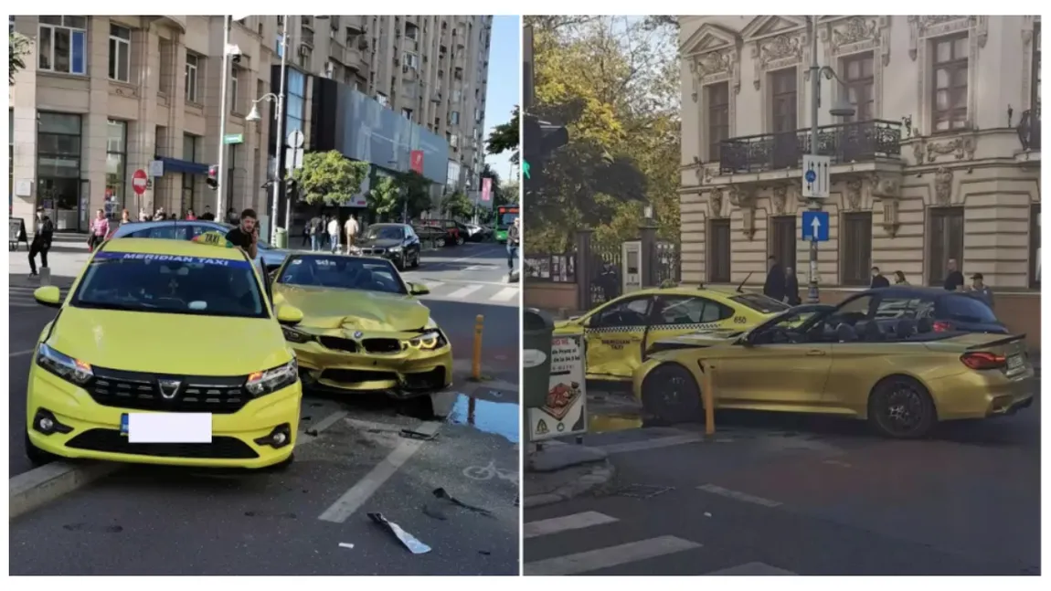 Accident grav în București. Un BMW auriu a fost făcut praf după ce a intrat într-un taxi