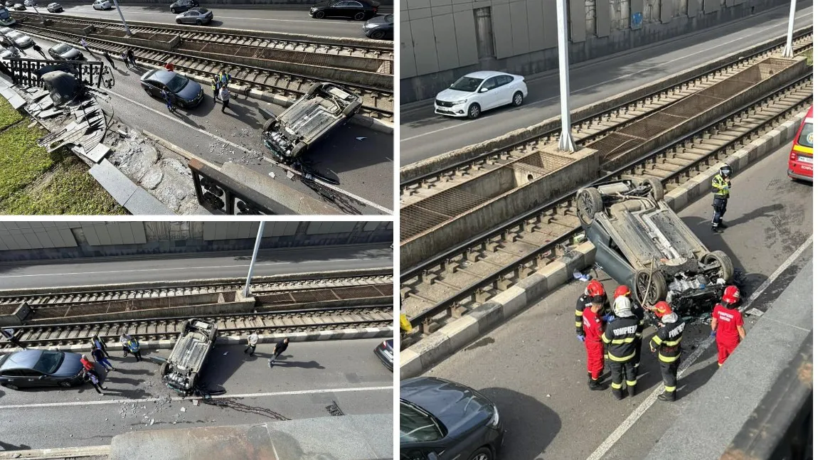 O mașină a zburat de pe șosea și a căzut în Pasajul Lujerului, pe linia de tramvai 41