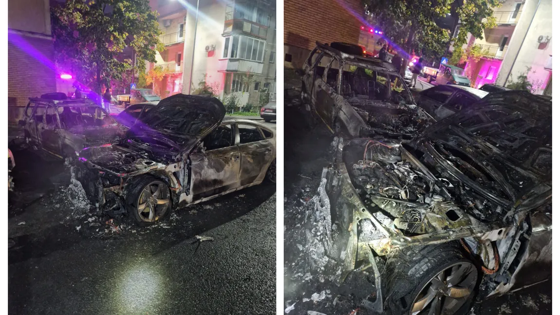 Patru mașini au ars într-o parcare din Arad. Flăcările s-au extins și la blocul din apropiere