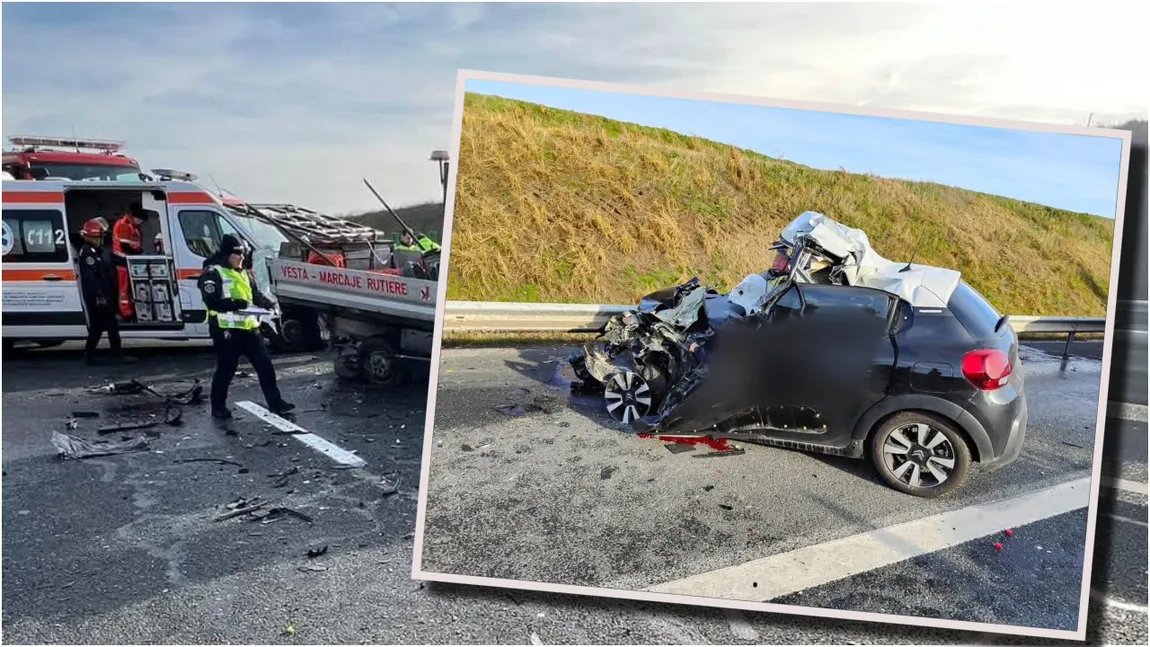Femeie moartă într-un accident rutier pe A2, după ce a intrat cu mașina într-o autoutilitară oprită. FOTO