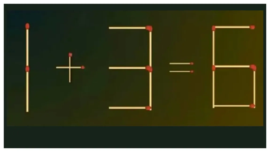 Test IQ pentru cele mai sclipitoare minți. Mutați un singur băț de chibrit pentru a corecta 1+3=6