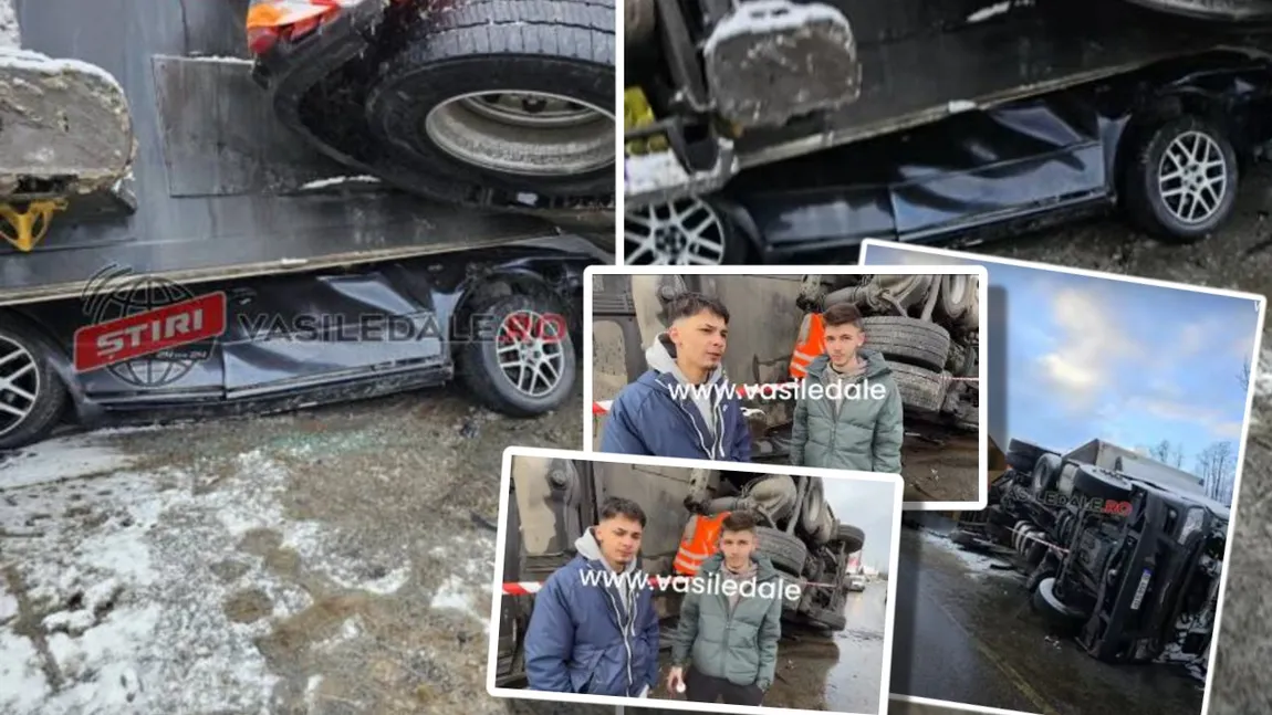 Doi tineri au scăpat ca prin urechile acului după ce un TIR s-a răsturnat peste mașina lor: ”Dumnzeu a fost de partea lor”