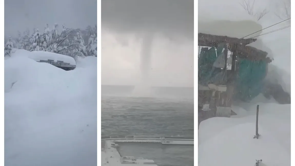 Furtună apocaliptică, stratul de zăpadă a ajuns la 2 m în câteva ore. O trombă uriaşă de zăpadă s-a format în Marea Neagră