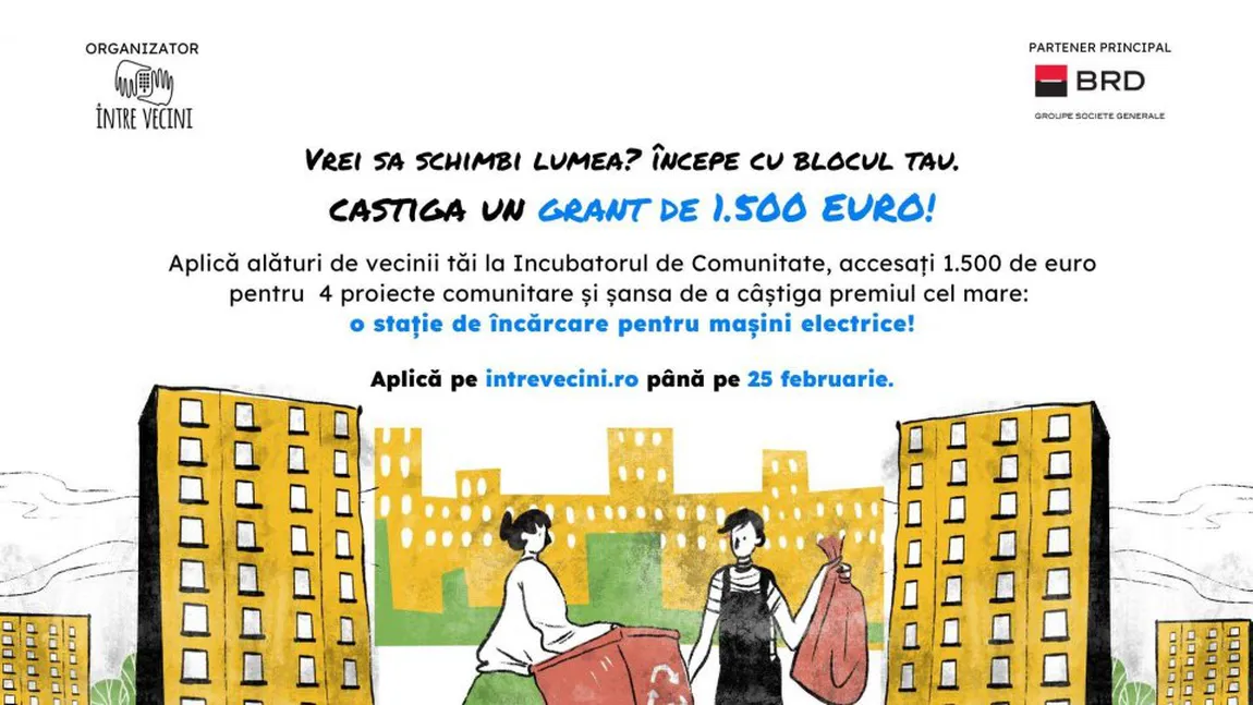 Ajutor financiar de până la 6.500 euro pentru locuitorii de la bloc pentru dezvoltare comunitară și o stație de încărcare mașini electrice