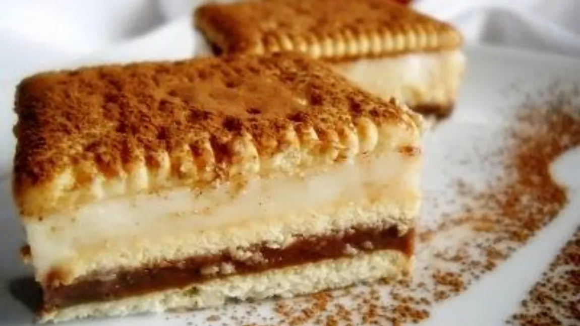 Rețeta zilei. Prăjitură fără coacere cu biscuiți, cremă de vanilie și ciocolată