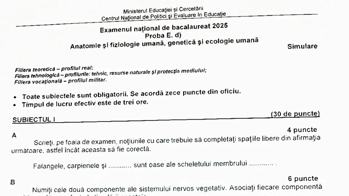 Simulare BAC 2025. Subiecte Biologie - Anatomie și fiziologie umană
