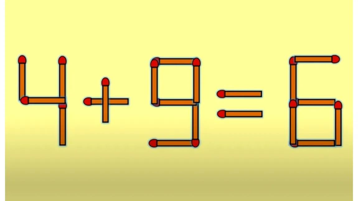 Test IQ cu bețe de chibrit. Rezolvați corect ecuația 4 + 9 = 6, mutând un singur băț. Doar geniile reușesc în câteva secunde
