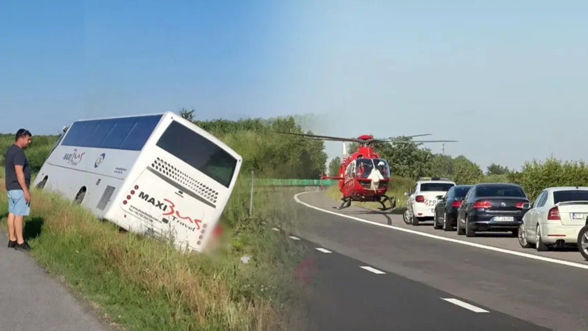 UPDATE A fost activat Planul ROȘU de intervenție pe Autostrada A2. Un autocar cu 22 de copii și șase adulți s-a răsturnat - patru răniți și un decedat