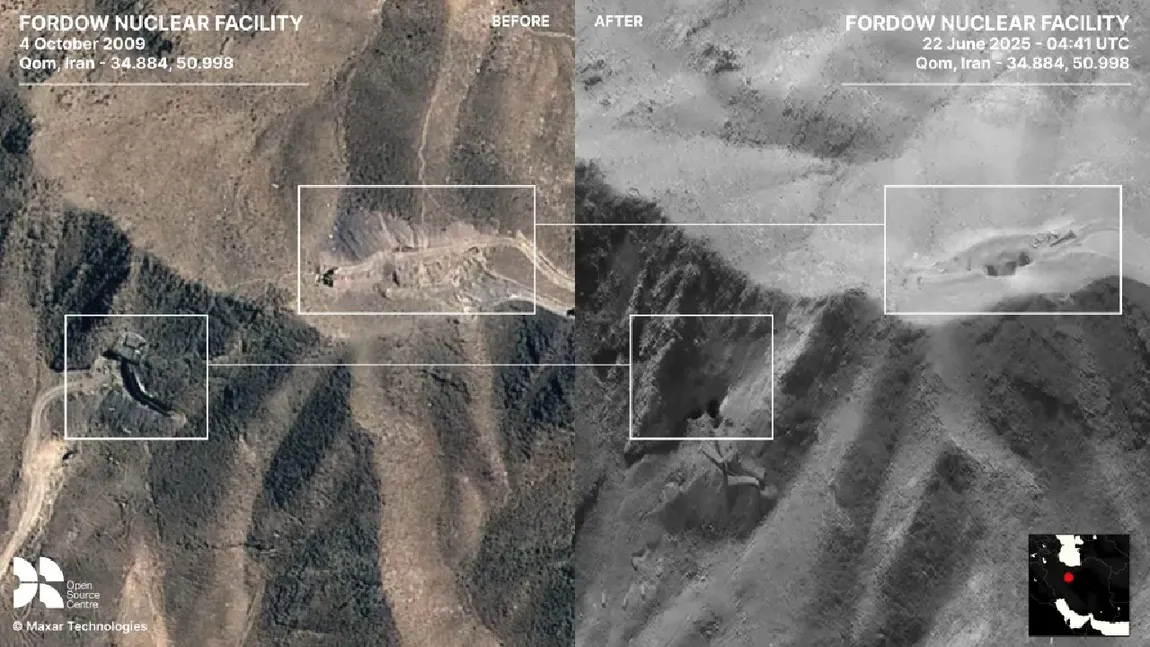 Primele imagini din satelit după atacurile SUA asupra instalației nucleare de la Fordow. Bombele americane au făcut prăpăd în Iran