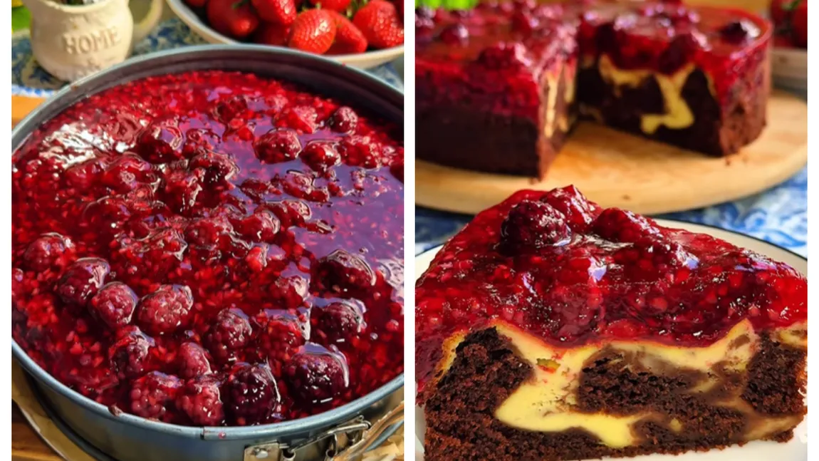 Tort Negresă cu Cheesecake și Jeleu de mure și zmeură. Desertul spectaculos cu care nu vei da greș. Rețeta este virală