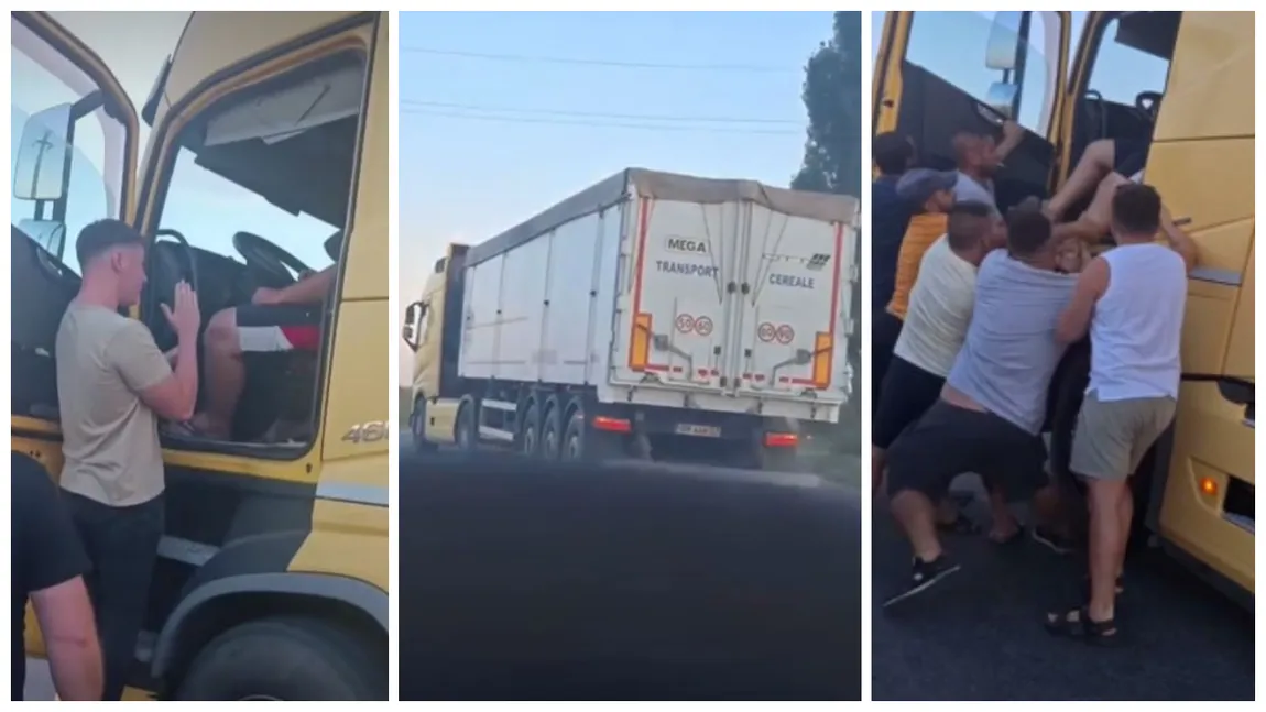Încă un șofer de TIR blochează traficul. Bărbatul a fost scos cu forța din cabină și imobilizat după ce a oprit de-a curmezișul șoselei