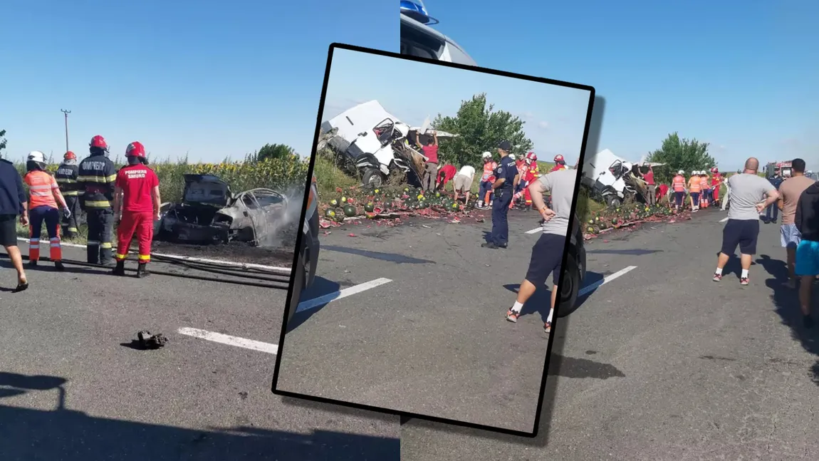 Tragedie pe DN54. Doi șoferi morți și un pasager rănit, în urma unui accident cu o dubă de pepeni. O mașină a luat foc