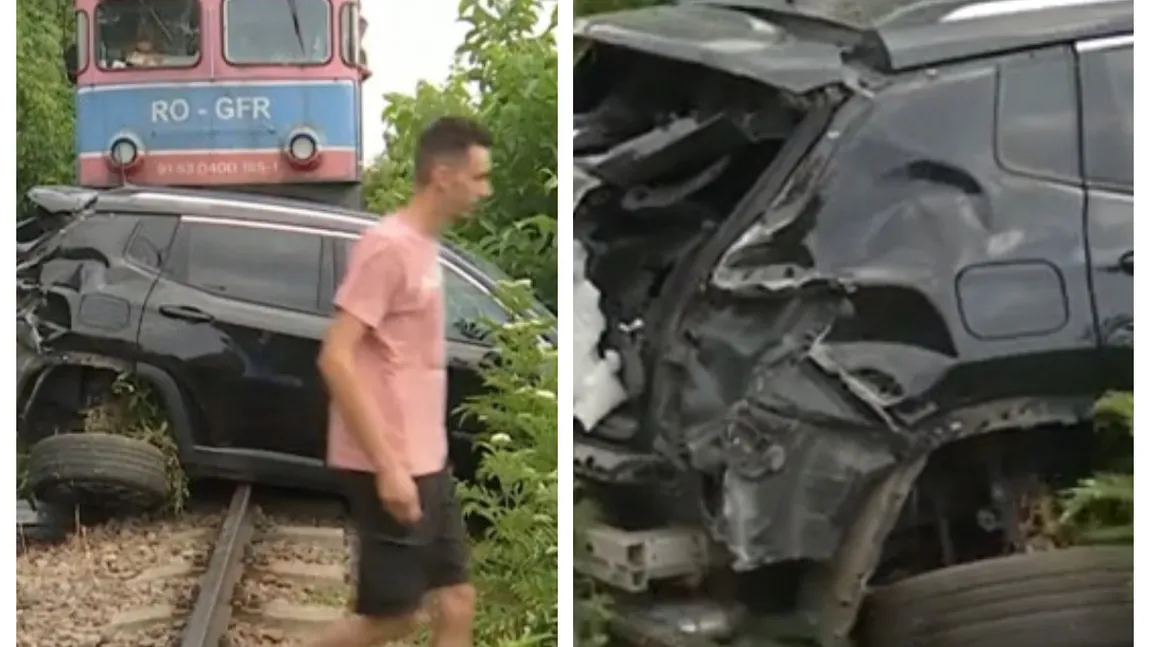 Mașină spulberată de tren în Buzău. Autoturismul a fost împins mai mult de 100 de metri pe șine