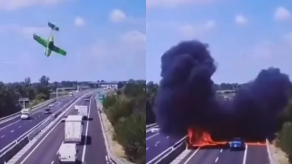 Un avion s-a prăbușit în mijlocul unei autostrăzi, în Italia, printre mașinile care circulau. Persoanele care se aflau la bord și-au pierdut viața instant VIDEO