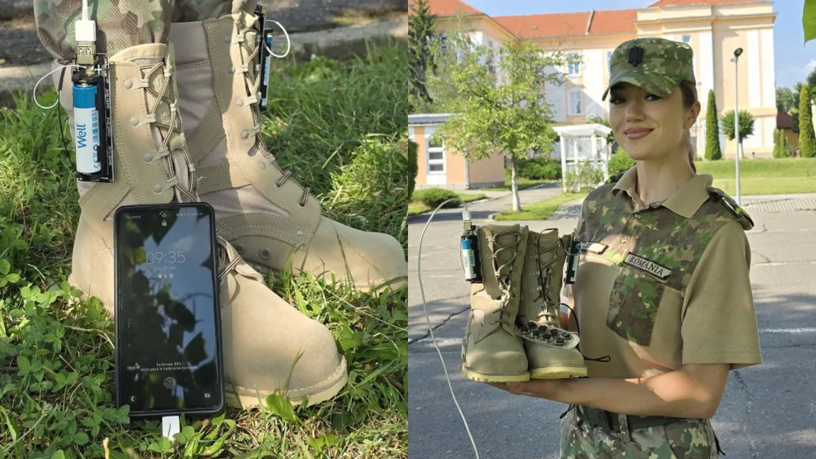 O elevă a Școlii Militare din Sibiu a creat bocancii care transformă mersul pe jos în energie electrică. Militarii vor putea să-și încarce telefoanele în timp ce bat pas de defilare
