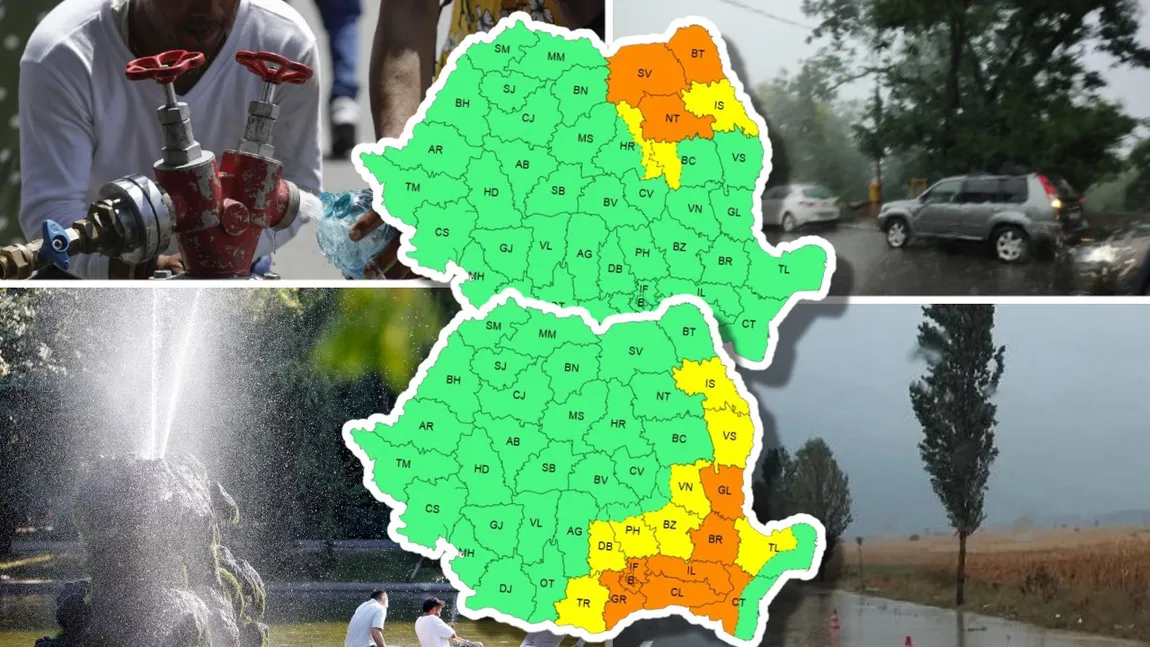 Vremea la extreme în România. Cod portocaliu de caniculă în sud-est, potop în zonele deja inundate din nord-est