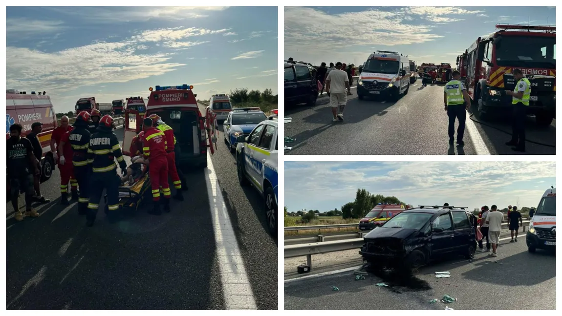 Accident grav pe A3. Un autoturism cu opt persoane la bord a lovit parapetul de pe autostradă: o victimă este inconștientă, iar alte șase sunt în stare critică