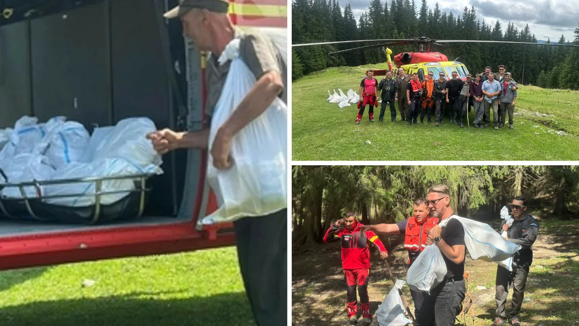 FOTO Brânză evacuată cu elicopterul Black Hawk de la stânele izolate din zona Broșteni