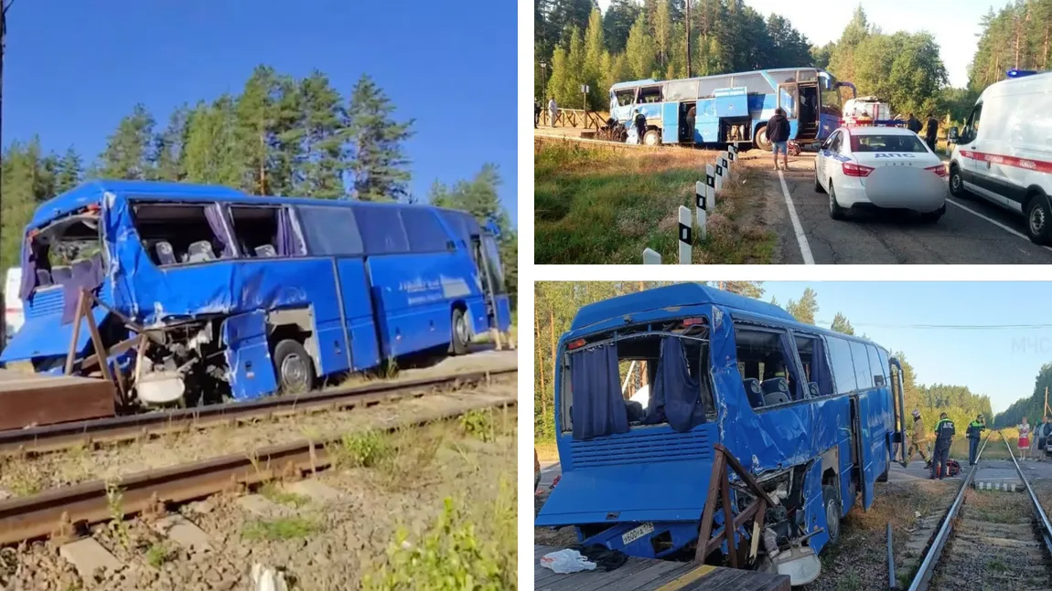 FOTO Accident fatal pe calea ferată! Un mort și cel puțin 16 răniți, după ce un autocar turistic a fost spulberat de un tren de marfă