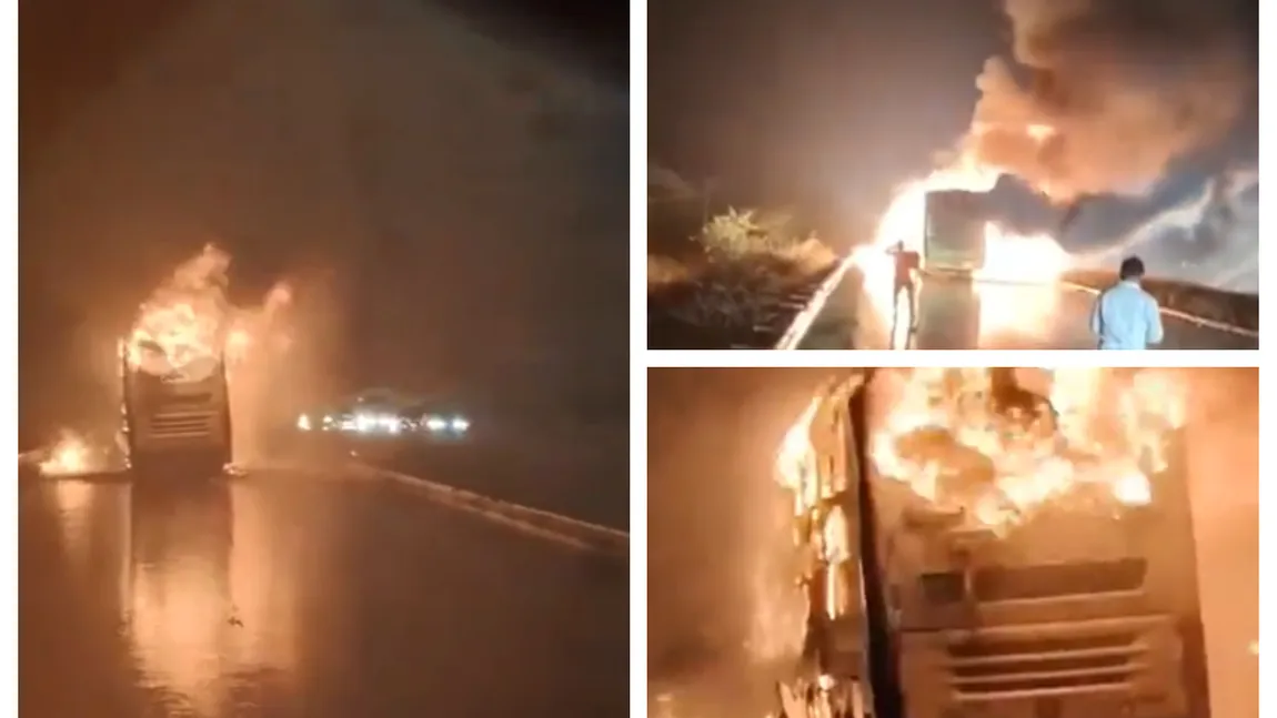 Autobuz în flăcări după accident. Cel puțin 20 de persoane au murit