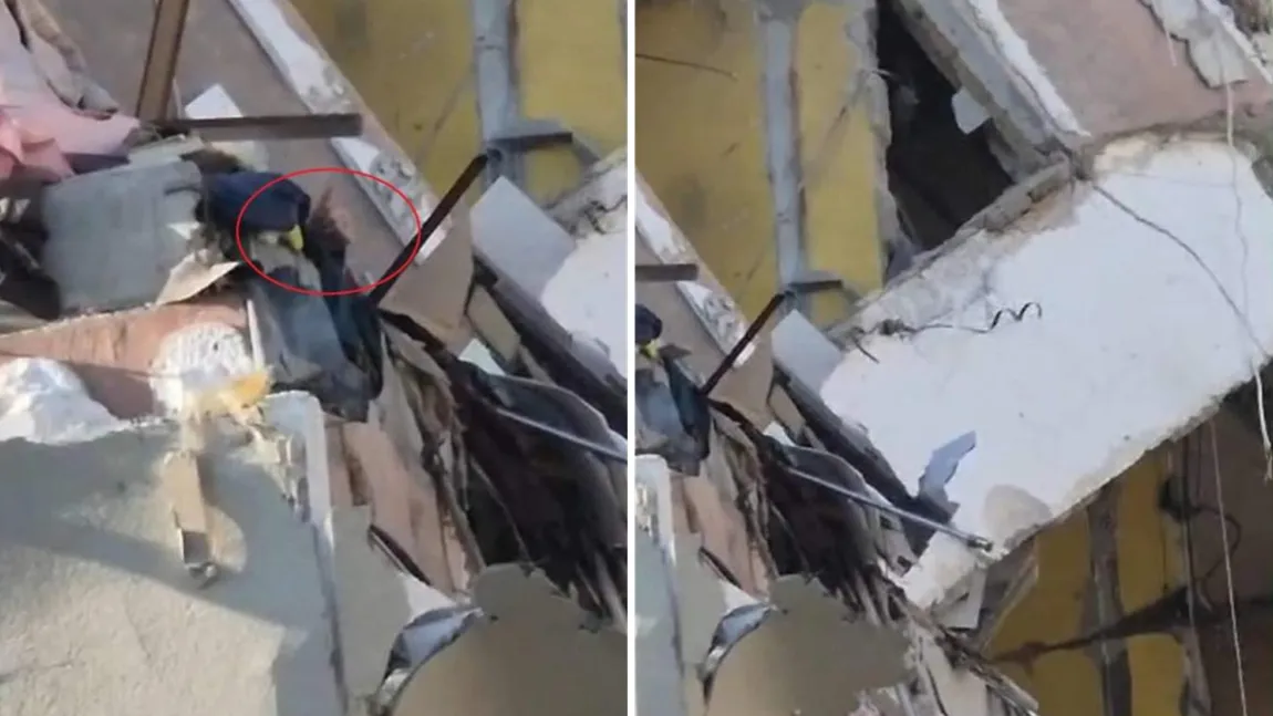 Imagini tulburătoare de la explozia din Rahova. Un bărbat prins sub dărâmături, la etajul 5, face cu mâna după ajutor. Blocul este în pericol să se prăbușească