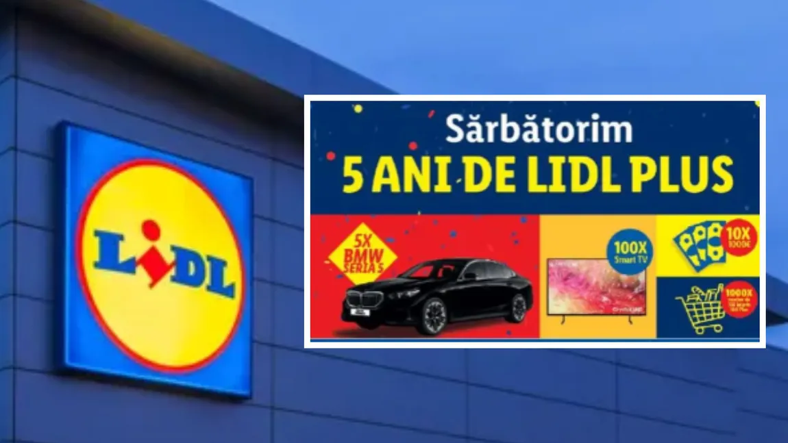 LIDL sărbătorește cinci ani de Lidl Plus cu premii incredibile pentru clienți. 1.000 de vouchere de 100 de lei, 100 de TV-uri Smart, 10 cupoane de 1.000 de euro și cinci BMW Seria 5 noi nouțe