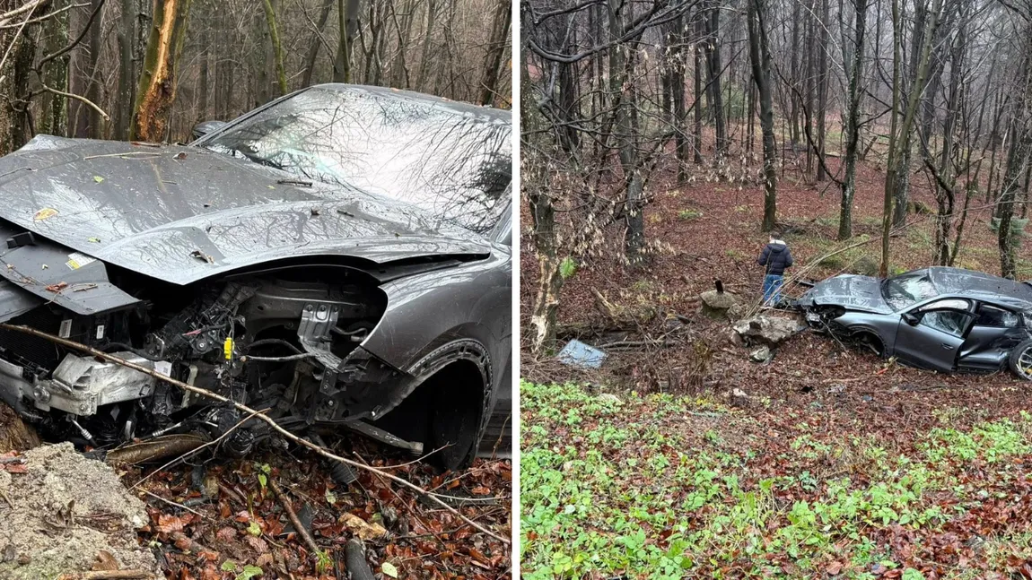 Porsche Cayenne, în valoare de 150.000 de euro, făcut praf după ce a pierdut în fața serpentinelor, pe șoseaua care face legătură între Brașov și stațiunea Poiana Brașov. Ceața și carosabilul un nu i-au iertat nicio greșeală