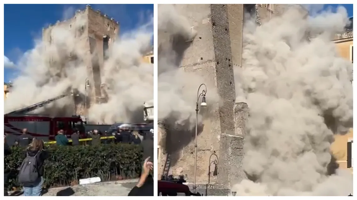 Turn medieval prăbușit la Roma, lângă Colosseum. Un muncitor român este prins sub dărâmături, altul a fost dus la spital VIDEO