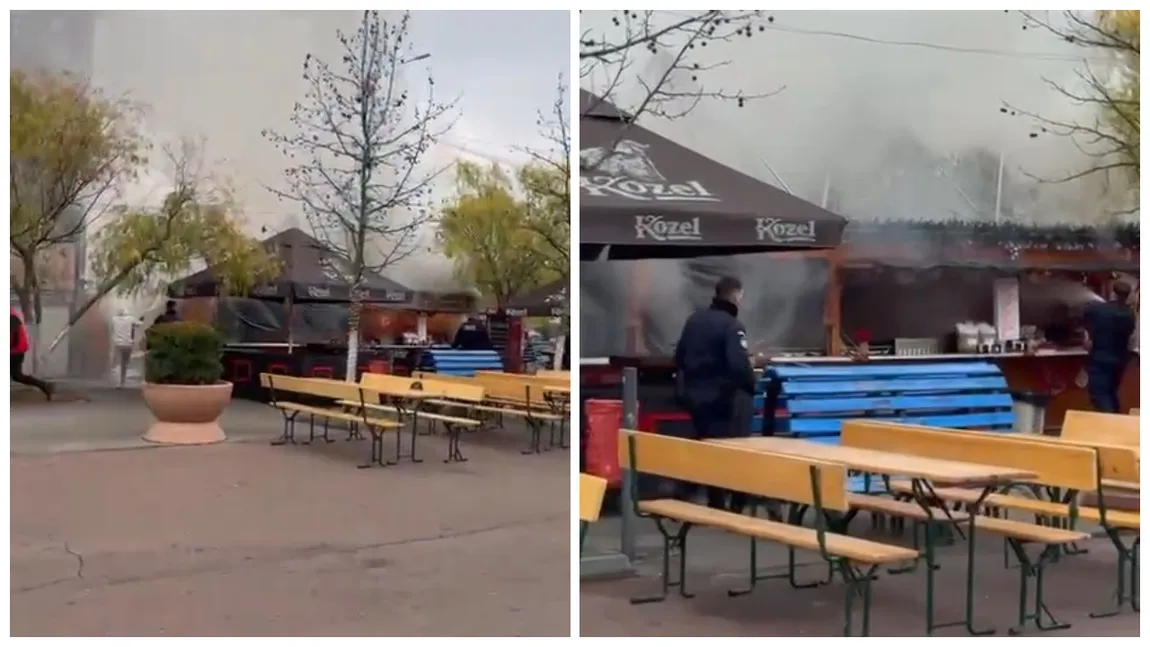 Incendiu la un târg de Crăciun din București. Risc mare de propagare a focului